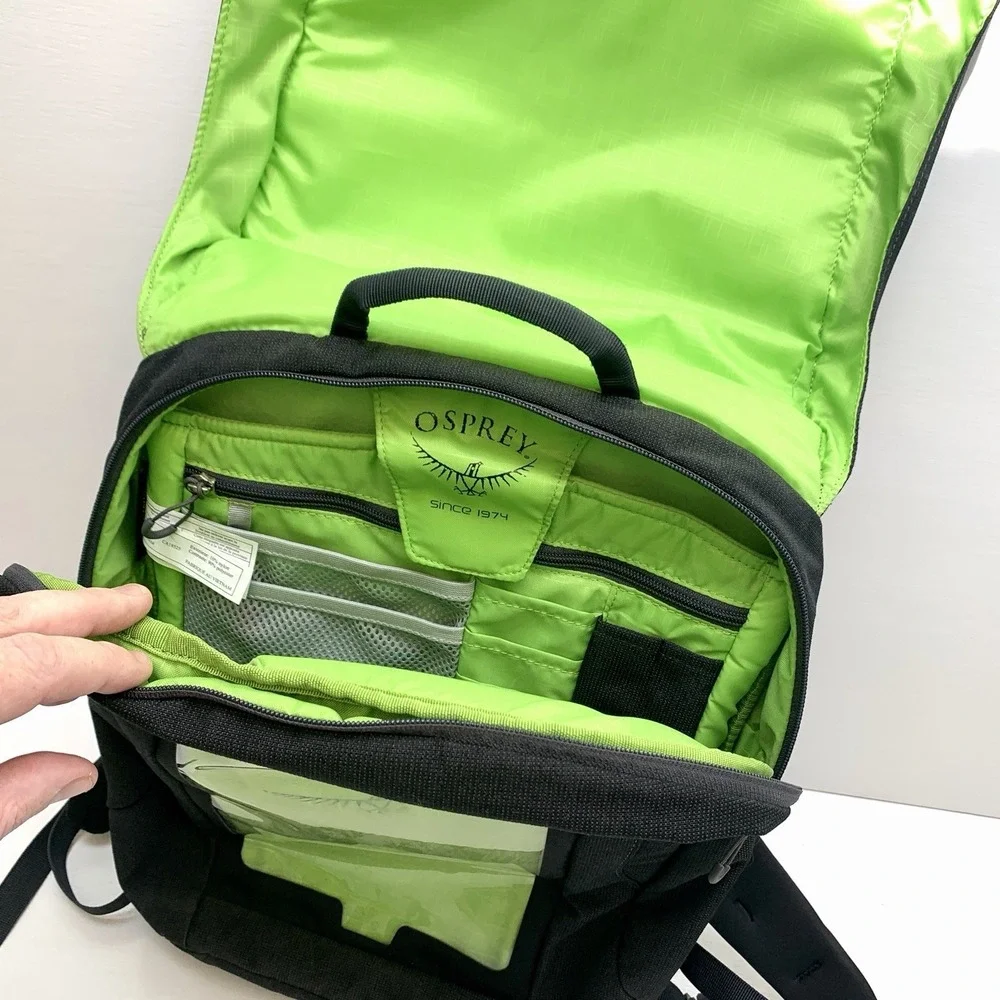 OSPREY Pixel Port Backpack Black w/ Green Lining Laptop Bag, w Osprey Logo